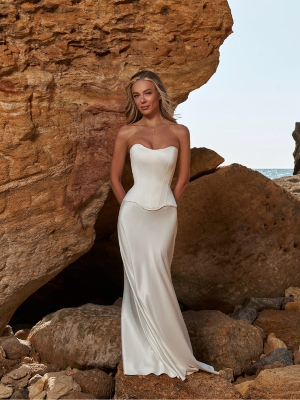 White Satin Pearl Set Corset + Skirt